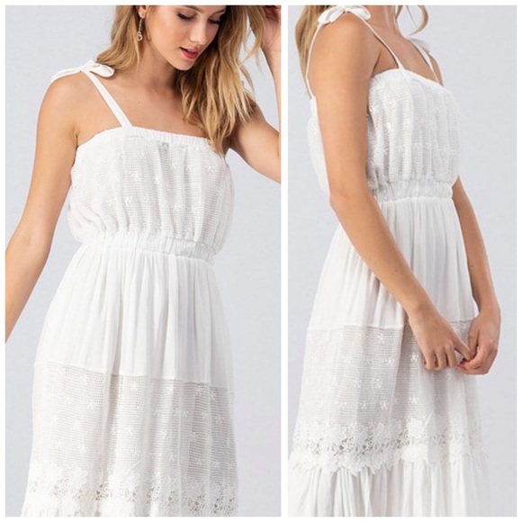 Soft White LACE MIDI Dress w/tie straps - Picture 3 of 8